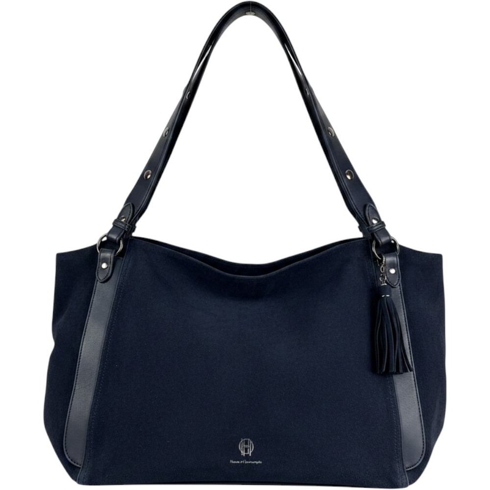 House of Harlow 1960 Navy Blue Suede Leather Trim Tassel Tote Shoulder Bag
